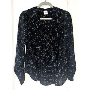 Cabi Blouse Black‎ w/ Colorful Tiny Hearts, Peplum, Ruffles Neckline, Snaps, Sm.